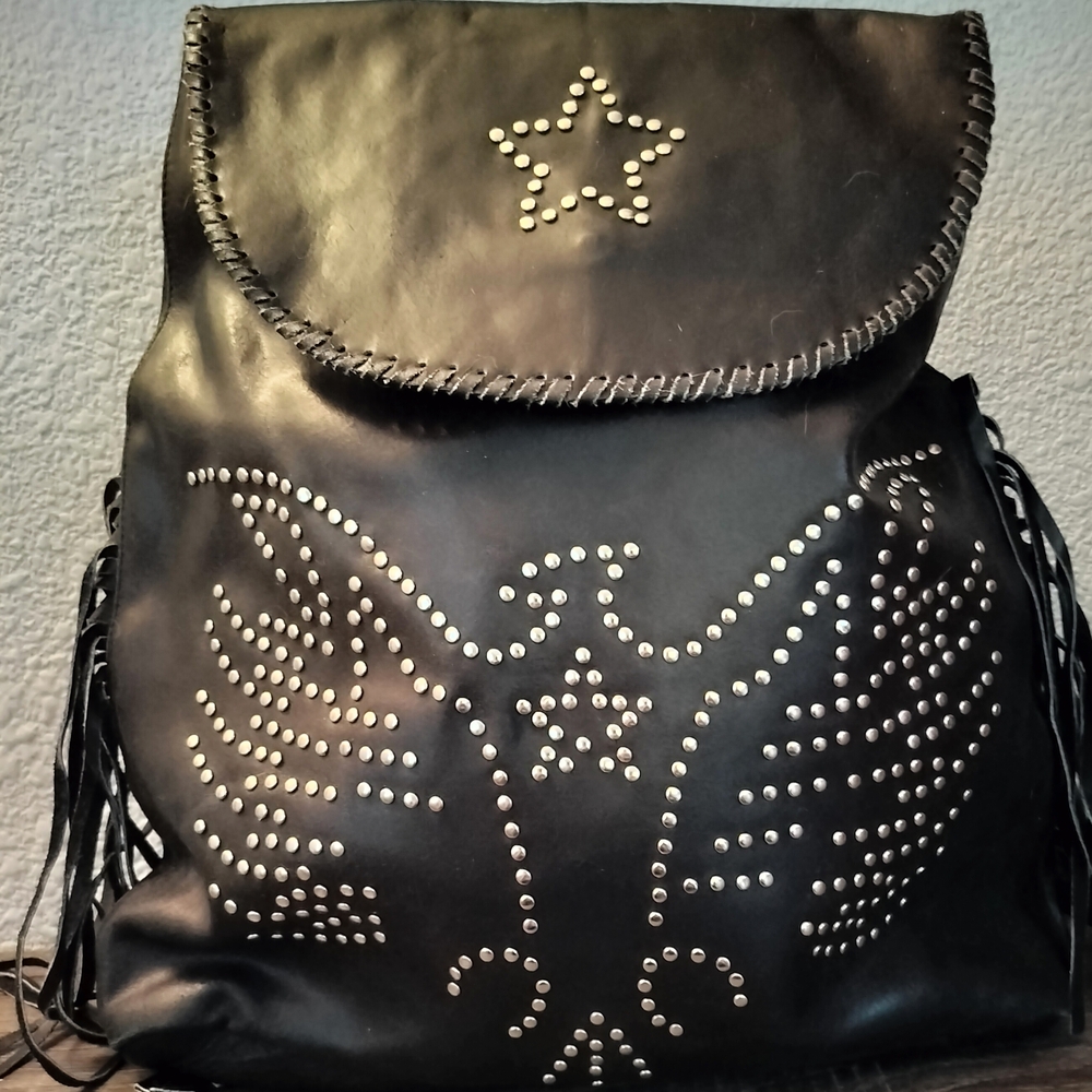 Black Studded Fringe Backpack with Star Accent